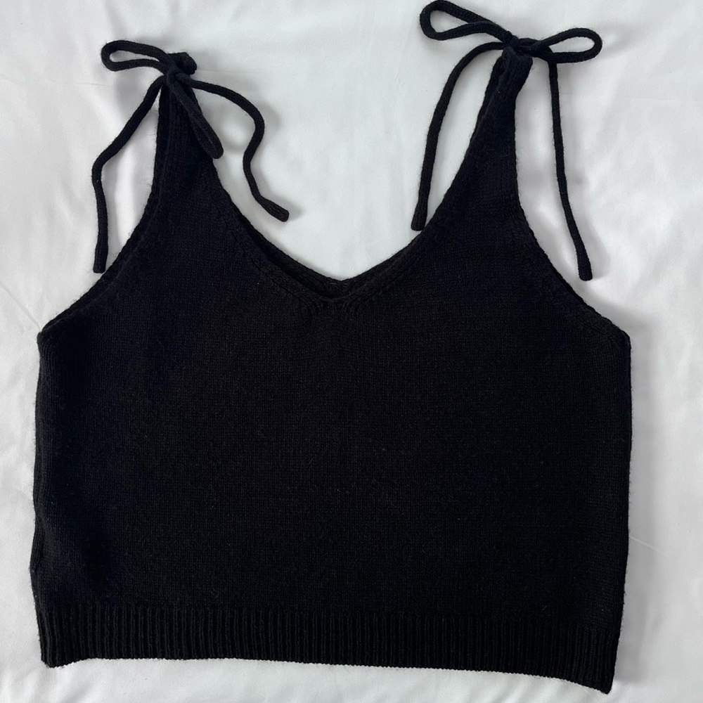 Crop Top Cami Tie Shoulder Tank Knit Womens Large Solid Black Shein y2k festival